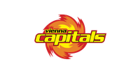 Logo der Vienna Capitals mit stilisiertem gelbem Schriftzug auf rot-gelbem Flammenhintergrund.