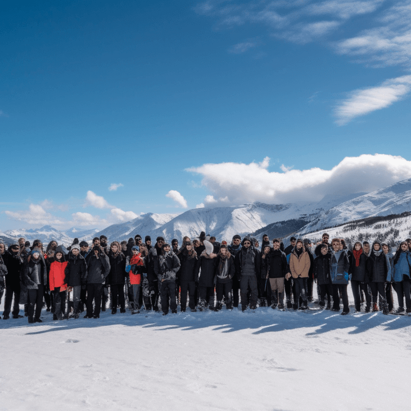 Gruppe von Menschen in Winterkleidung auf einer verschneiten Berglandschaft unter blauem Himmel.